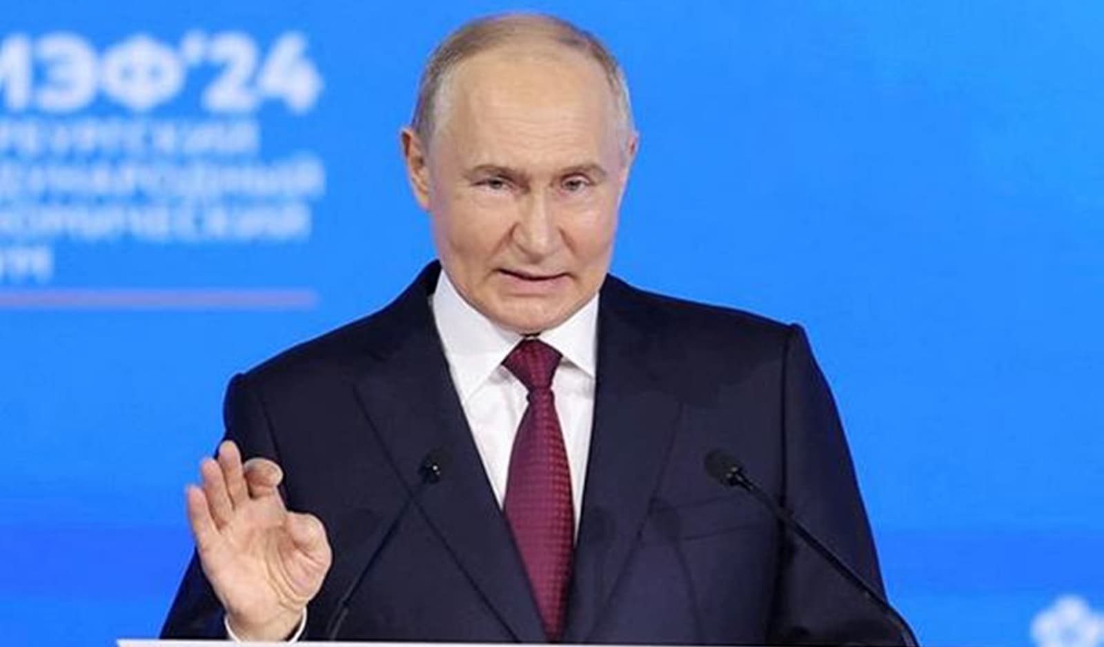 Russian President Vladimir Putin delivers a speech at a plenary session of the St. Petersburg International Economic Forum (SPIEF) in Saint Petersburg, Russia.