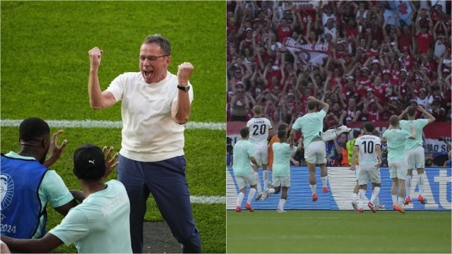 Maanager Ralf Rangnick and the Austria players celebrate after defeating Netherlands and topping Group D. (AP)