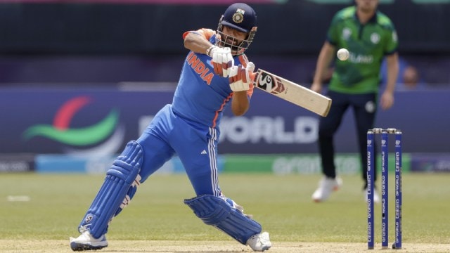 India's Rishabh Pant plays a shot against Ireland during an ICC Men's T20 World Cup cricket match at the Nassau County International Cricket Stadium in Westbury, New York