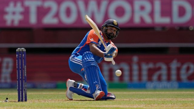 ndia's captain Rohit Sharma plays a shot during the ICC Men's T20 World Cup second semifinal cricket match between England and India at the Guyana National Stadium in Providence, Guyana, Thursday, June 27, 2024. (AP/PTI)