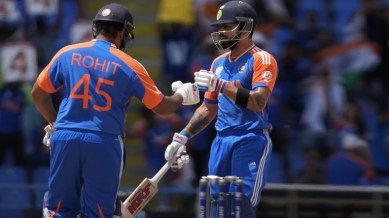 T20 World Cup 2024 Match Today: India's captain Rohit Sharma, left, and Virat Kohli celebrate scoring runs during the ICC Men's T20 World Cup cricket match between India and Bangladesh at Sir Vivian Richards Stadium in North Sound, Antigua and Barbuda.