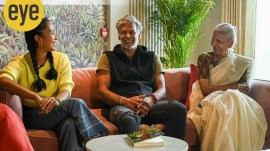 Milind Soman, his wife Ankita Konwar and his mother Usha Soman (Express photo by Sankhadeep Banerjee)