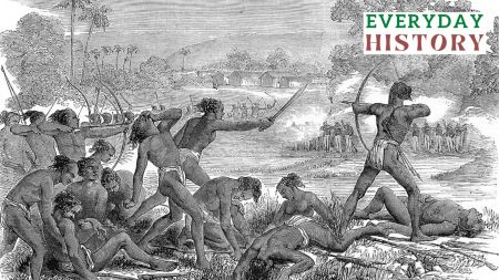 An illustration of Santhals fighting the British