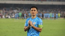 An emotional Sunil Chhetri takes one final lap of the Salt Lake Stadium in his retirement game in football. (Express photo by Partha Paul)