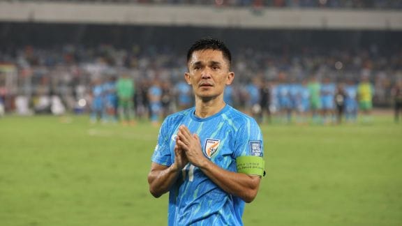 An emotional Sunil Chhetri takes one final lap of the Salt Lake Stadium in his retirement game in football. (Express photo by Partha Paul)