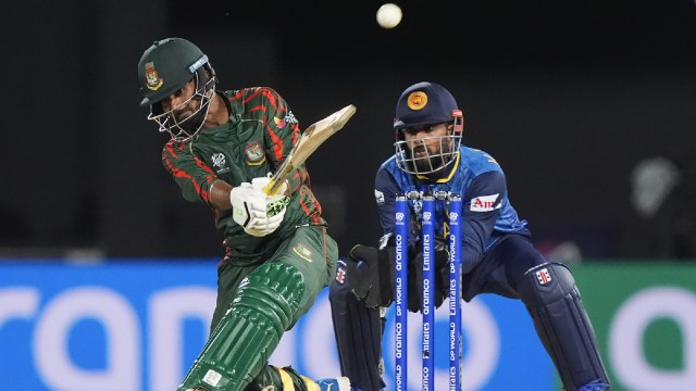 Bangladesh's Tawhid Hridoy hits a six during the men's T20 World Cup cricket match between Sri Lanka and Bangladesh at Grand Prairie Stadium, Grand Prairie, Texas