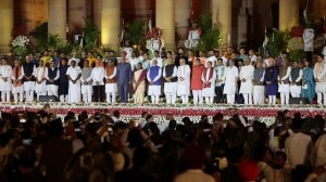 The new Union Council of Ministers after being administered the oath of office at a ceremony in the forecourt of Rashtrapati Bhavan on Sunday