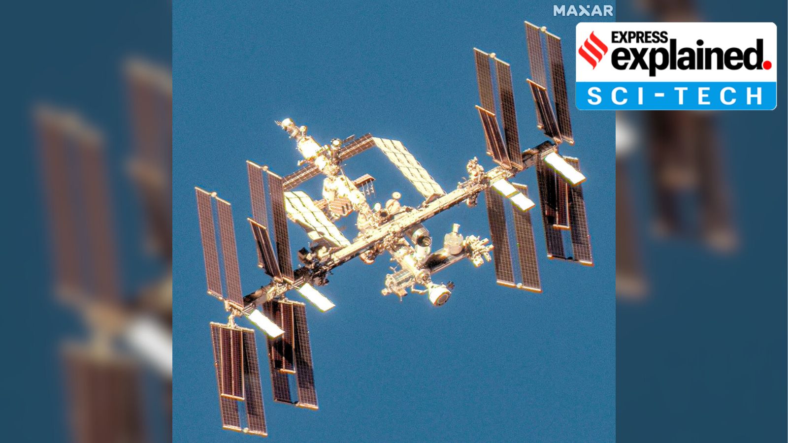 A satellite image shows an overview of the International Space Station with the Boeing Starliner spacecraft (in the centre, bottom portion) on June 7, 2024.