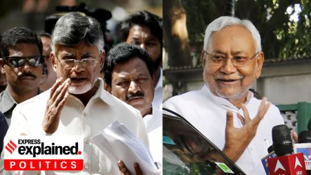 N Chandrababu Naidu (left) in October 2018 and Nitish Kumar in 2019.
