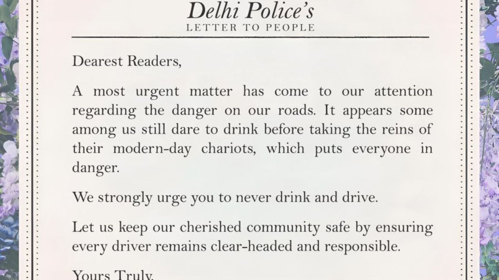 ‘Dearest readers...’: Delhi Police cashes in on Bridgerton craze, issues warning against drunk driving