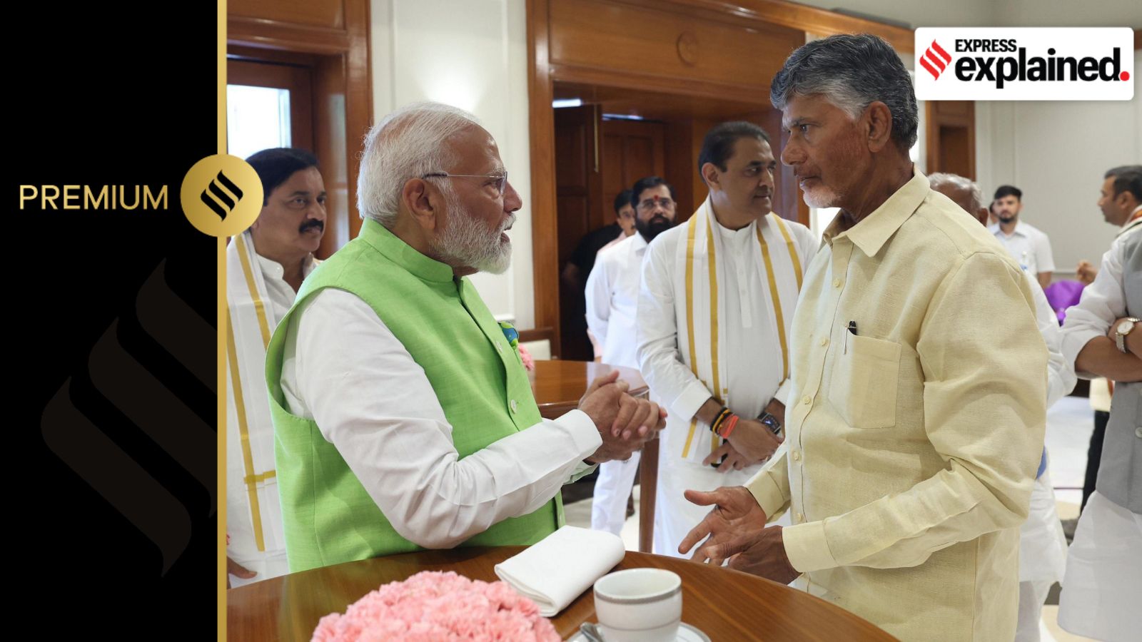 Prime Minister Narendra Modi speaks with TDP chief N Chandrababu Naidu at the National Democratic Alliance (NDA) meeting at 7, Lok Kalyan Marg, in New Delhi, Wednesday, June 5, 2024.