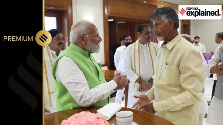 Prime Minister Narendra Modi speaks with TDP chief N Chandrababu Naidu at the National Democratic Alliance (NDA) meeting at 7, Lok Kalyan Marg, in New Delhi, Wednesday, June 5, 2024.