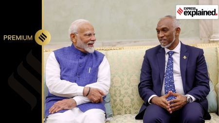 Prime Minister Narendra Modi with President of Maldives Mohamed Muizzu during a meeting after his swearing-in ceremony, in New Delhi, Sunday, June 9, 2024.
