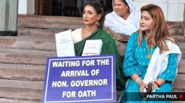 TMC MLAs Sayantika Bandyopadhyay and Rayat Hossain Sarkar during the protest.