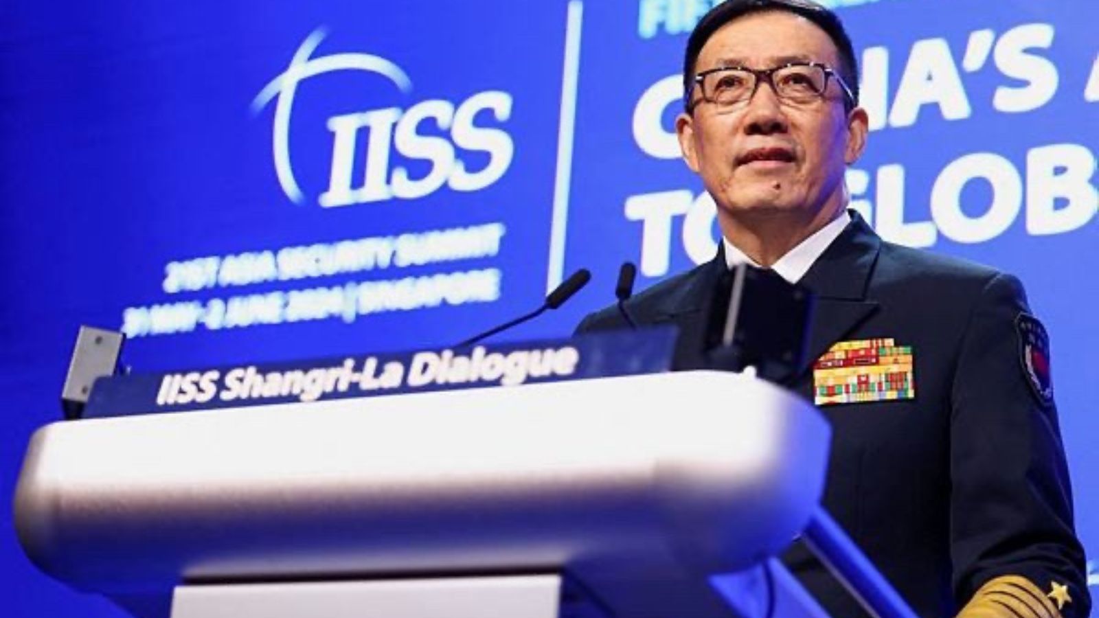 Chinese Defense Minister Dong Jun speaks at the Shangri-la Dialogue in Singapore. Taiwan