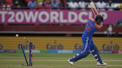 India's Virat Kohli is bowled out by England's Reece Topley during the ICC Men's T20 World Cup second semifinal cricket match between England and India at the Guyana National Stadium in Providence, Guyana