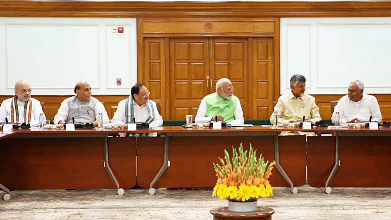 Election Results 2024: (From L-R) Amit Shah, Rajnath Singh, JP Nadda, Narendra Modi, Chandrababu Naidu and Nitish Kumar at NDA meeting on Wednesday.  (PTI)