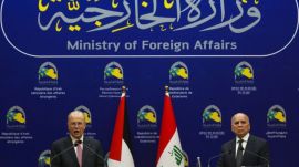 Palestinian Prime Minister Mohammad Mustafa speaks during a joint press conference with Iraqi Foreign Minister Fuad Hussein in Baghdad