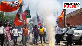 BJP supporters celebrating the party's performance in the Lok Sabha elections, outside the new Parliament. (Express photo by Abhinav Saha)