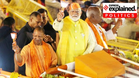 Prime Minister Narendra Modi along with Uttar Pradesh Chief Minister Yogi Adityanath at a road show for BJP's Ayodhya candidate Lallu Singh in May 2024. (Express photo by Vishal Srivastav)