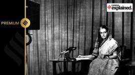 Prime Minister Indira Gandhi addressing the nation from the Doordarshan studio during Emergency.