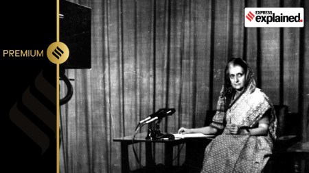 Prime Minister Indira Gandhi addressing the nation from the Doordarshan studio during Emergency.