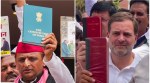 Congress leader Rahul Gandhi (right) and Samajwadi Party leader Akhilesh Yadav show copies of the Constitution of India during their protest at the Parliament House complex on the first day of the first session of the 18th Lok Sabha, in New Delhi, Monday. (PTI Photos)