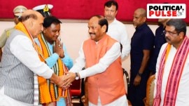 Bhubaneswar: Odisha Chief Minister designate Mohan Manjhi accompanied by Union Ministers Rajnath Singh and Dharmendra Pradhan meets Governor Raghubar Das to formally stake claim to form government, in Bhubaneswar, Tuesday, June 11, 2024. (PTI Photo)