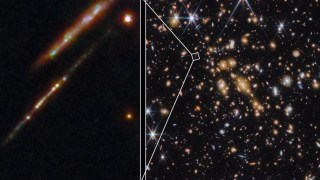 Five star clusters (L) found within the Cosmic Gem arc belong to the era when the Universe was 460 million years old. (Credit - ESA)