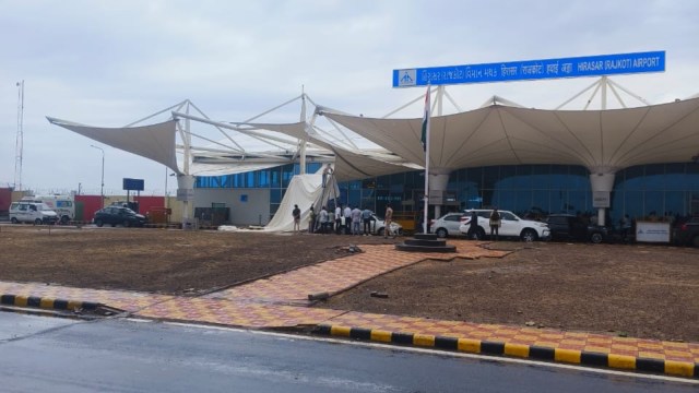 The canopy at Rajkot airport's passenger pickup and drop area collapsed on Saturday morning. (Express Photo)