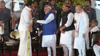 New Delhi: BJP MP Suresh Gopi greets Prime Minister Narendra Modi as party leaders Rajnath Singh and Amit Shah look on, at the swearing-in ceremony of the new Union government at Rashtrapati Bhavan, in New Delhi, Sunday, June 9, 2024. (PTI Photo)