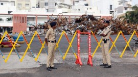 At the TRP Gaming Zone blaze site in Rajkot. (Express Photo)