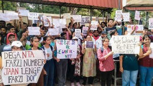 Varanasi: Students of Banaras Hindu University (BHU) stage a protest over the alleged irregularities in NEET 2024 results, in Varanasi, Saturday, June 8, 2024. (PTI Photo)(PTI06_08_2024_000151A)