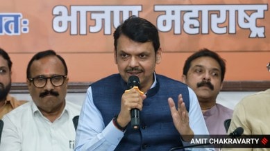 Maharashtra deputy CM Devendra Fadnavis addressing a press conference on Wednesday. (Express photo by Amit Chakravarty)