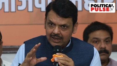 Devendra Fadnavis addressing a press conference at the BJP office in Mumbai, post declaration of Lok Sabha election results. (Express photo by Amit Chakravarty)