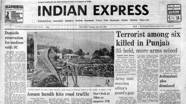 front page of The Indian Express published on June 26, 1984, Forty Years Ago.