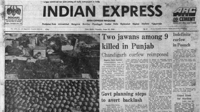 This is the front page of The Indian Express published on June 10, 1984, Forty Years Ago.