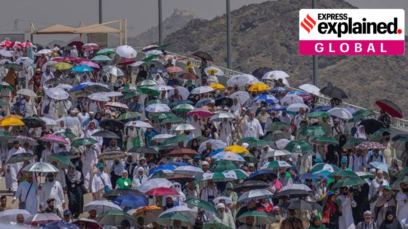 Muslim pilgrims use umbrellas to shield themselves from the sun.