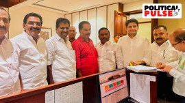 Congress MP Kodikunnil Suresh with Opposition MPs M K Raghavan, Anto Antony, N K Premachandran, A Raja, Deepender Singh Hooda and Manickam Tagore during filing of his nomination as the INDIA bloc candidate for the Lok Sabha Speaker post. (PTI)