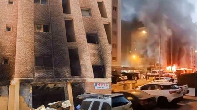 The burnt building where a fire broke out killing at least 49 people, in Mangaf, Kuwait.