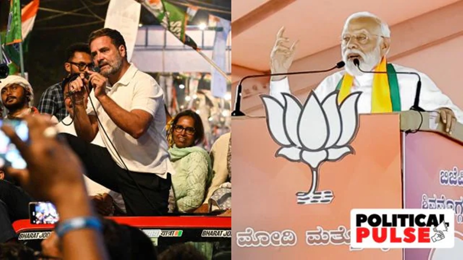 Congress leader Rahul Gandhi (L) and Prime Minister Narendra Modi (R) campaigning ahead of the Lok Sabha elections. (Express file photos)