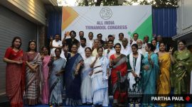 Chief Minister Mamata Banerjee with newly elected MP and senior leader Subrata Bakshi at Kalighat.