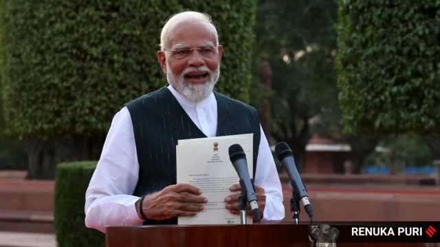 Narendra Modi addressing media after staking claim to form the Union government for the third consecutive time on Friday. (Express photo by Renuka Puri)