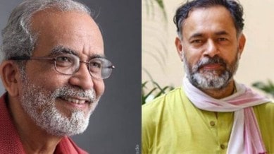 政治学家 Suhas Palshikar（左）和 Yogendra YAdav（右）争论教科书