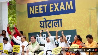 Aam Aadmi Party leaders hold protest against NEET Exam Scam at Jantar Mantar in New Delhi on Tuesday. (Express Photo by Pra