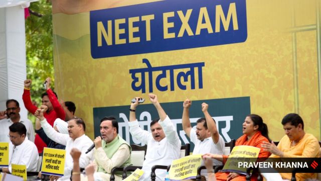 Aam Aadmi Party leaders hold protest against NEET Exam Scam at Jantar Mantar in New Delhi on Tuesday. (Express Photo by Pra