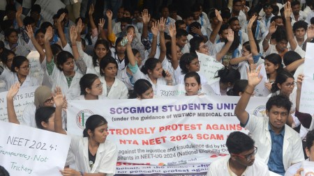 Students in West Bengal protest against the alleged irregularities in the NEET UG 2024 examination. (Express photo)