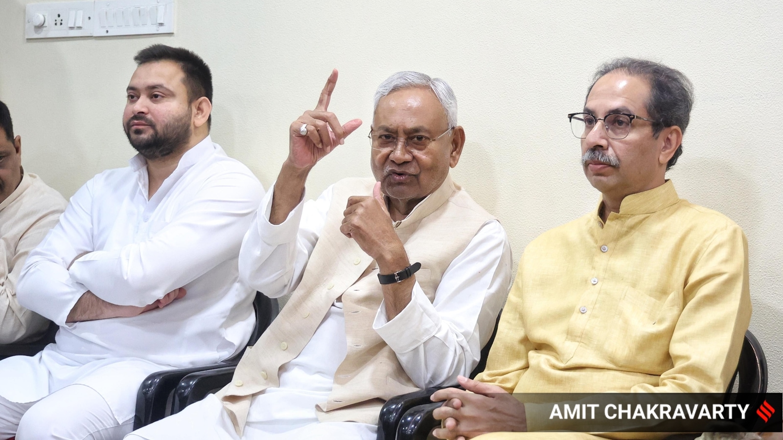 Bihar Chief Minister Nitish Kumar with INDIA bloc leaders Tejashwi Yadav and Uddhav Thackeray. (Express file photo by Amit Chakravarty)