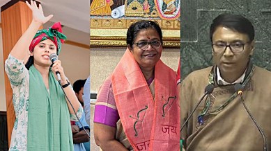 (From left to right) Samajwadi Party MP Priya Saroj, BJP's first-time MP from Jaipur, Manju Sharma and Independent MP from Ladakh Haneefa Jan, lok sabha swearing