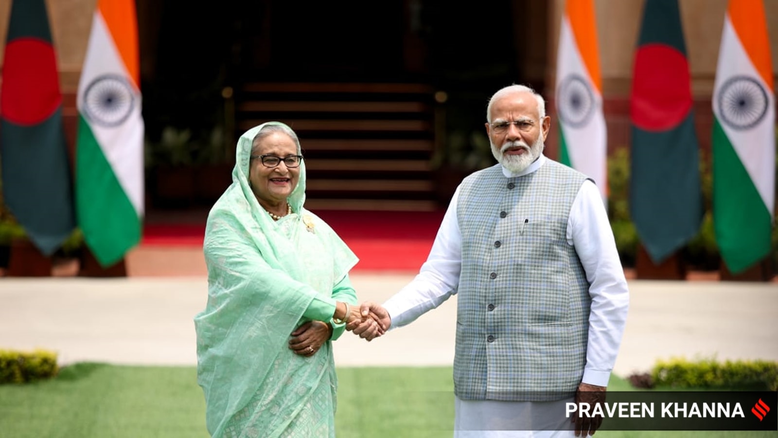 Prime Minister Narendra Modi with Bangladesh PM Sheikh Hasina at Hyderabad House in New Delhi. (Express photo by Praveen Khanna)